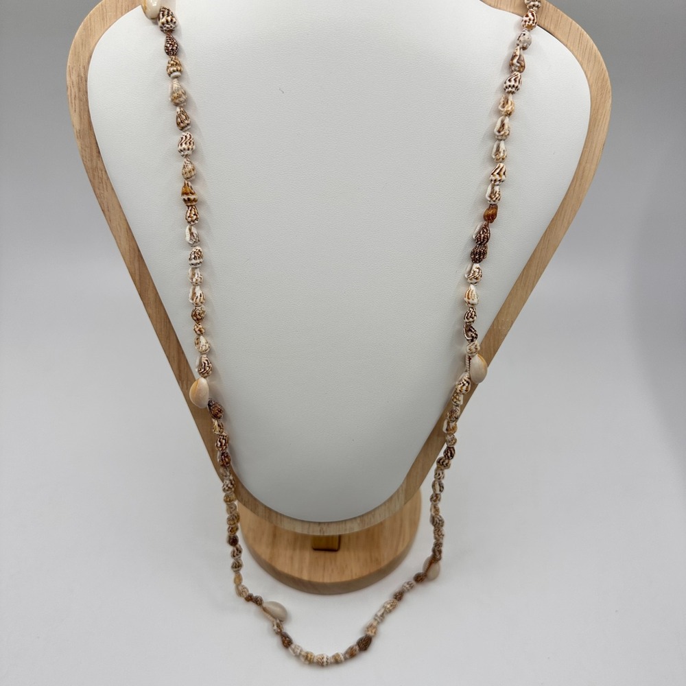 Long Cowrie Shell Necklace Brown Cream Boho Beach Surfer Layering Jewelry Summer
